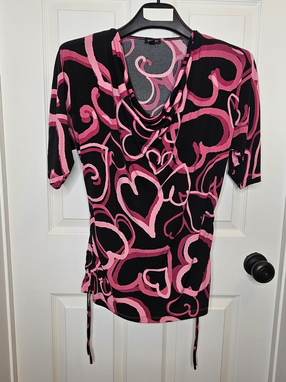 Nine West Black Top with Pink Heart Swirl Print